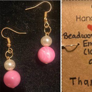 Handmade faux pearl and pink beaded earrings